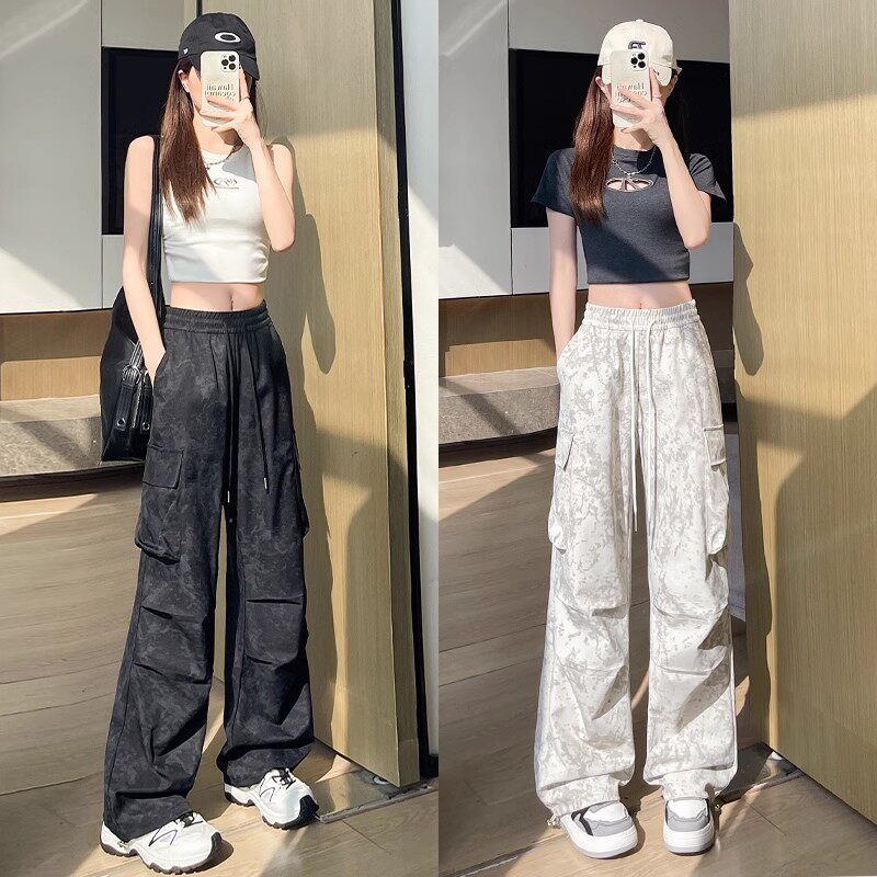黑色扎染工装裤女春秋夏