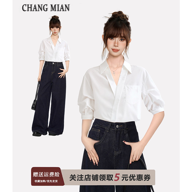 白色polo翻领短袖衬衫女