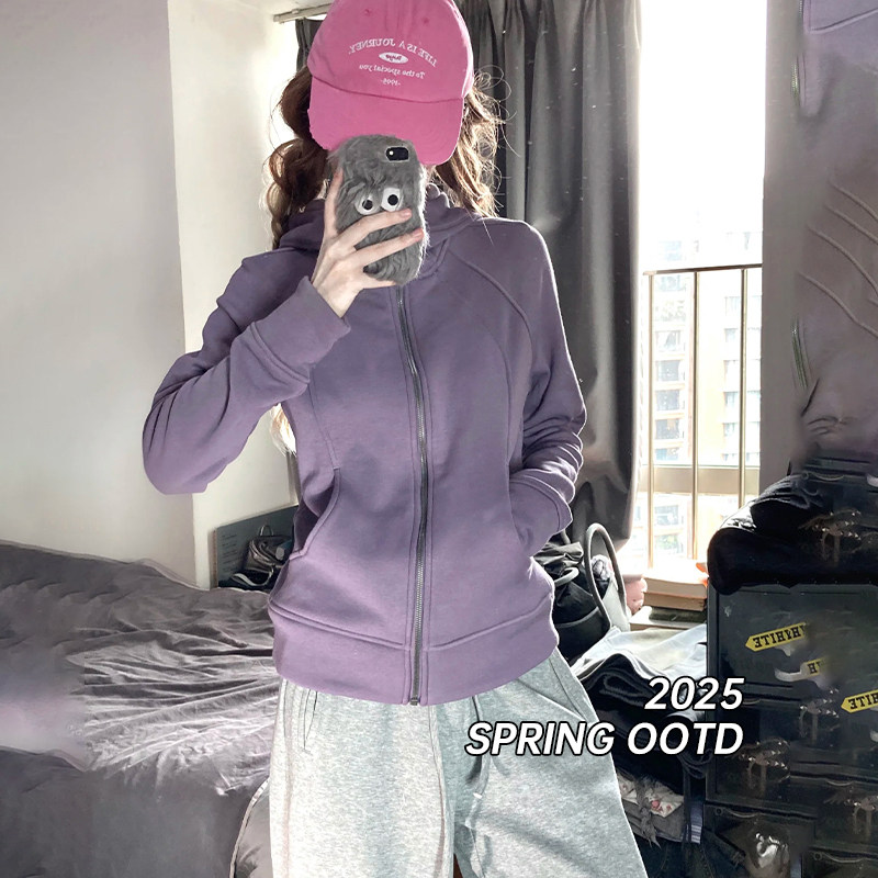 春季紫色修身卫衣外套女