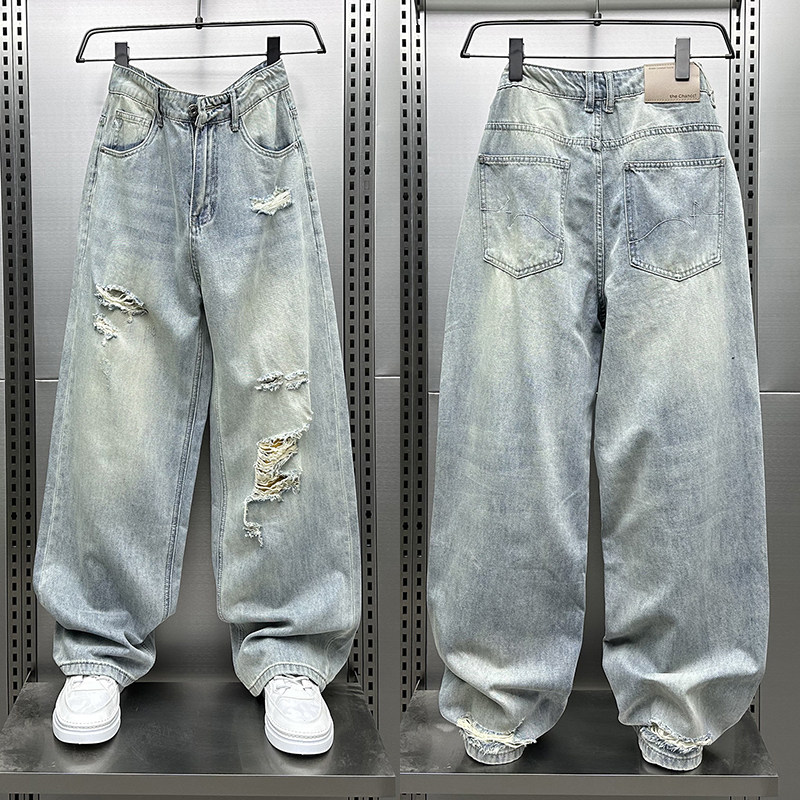 做旧破洞牛仔裤男士痞帅