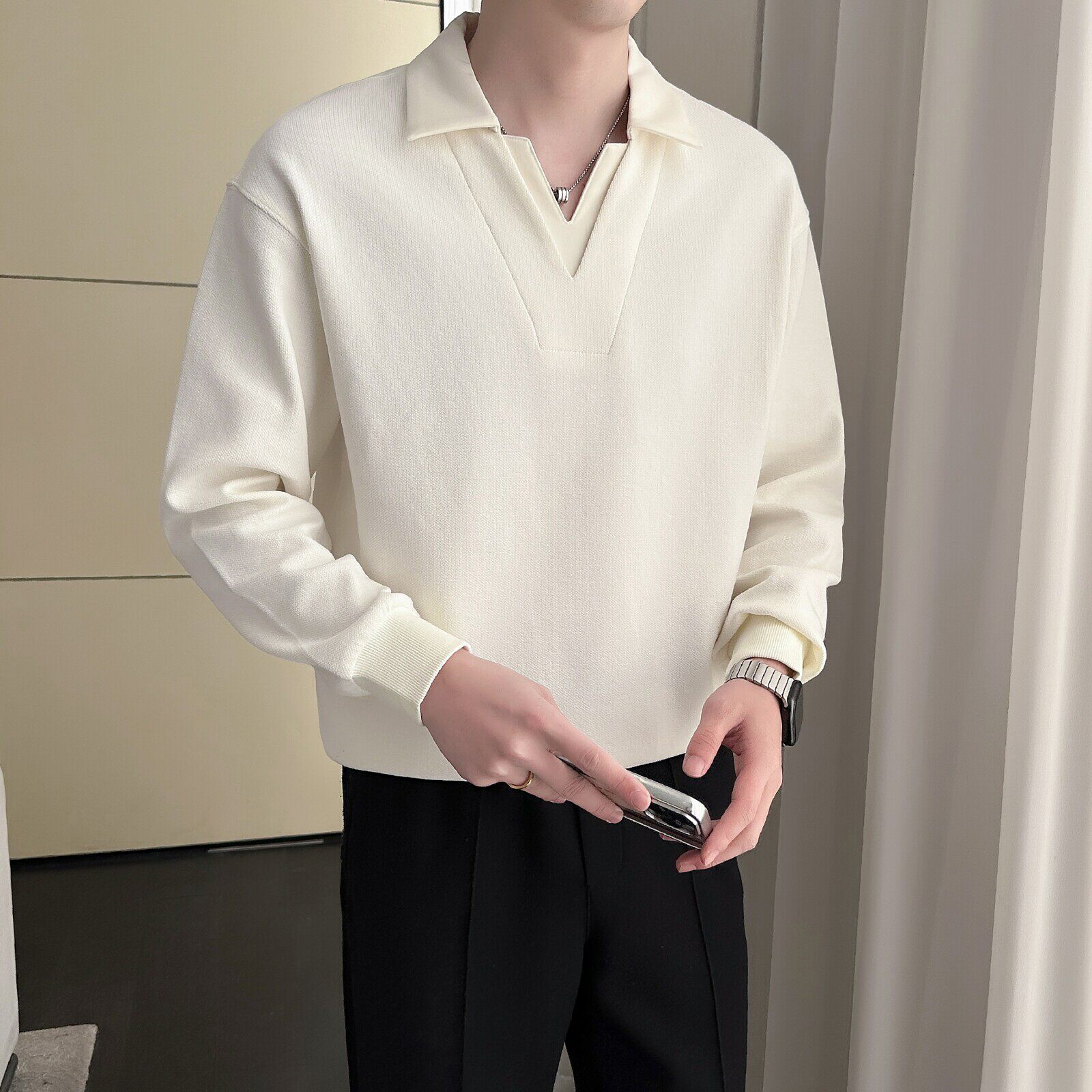 春秋新款男士翻领拼接简