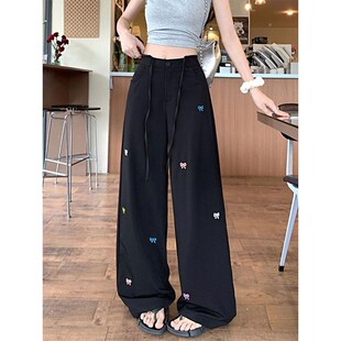 300斤胖mm美式高街刺绣大码工装裤女夏季女装显瘦百搭黑色长裤子