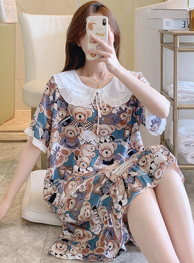 2024年新款睡裙女人造棉绸夏天睡衣家居服学生可爱绵绸女裙子大码