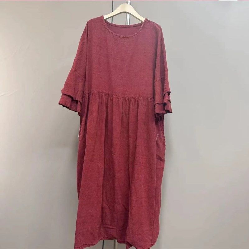 13729砂洗炒色55粗麻提花连衣裙圆领双层喇叭袖宽松森系复古长裙,女装/女士精品,连衣裙,淘宝优惠券,粉丝福利购,淘宝优惠卷