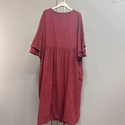 13729砂洗炒色55粗麻提花连衣裙圆领双层喇叭袖宽松森系复古长裙