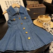 新款 韩版 女童无袖 2024洋气夏季 牛仔修身 排扣连衣裙女孩气质背心裙