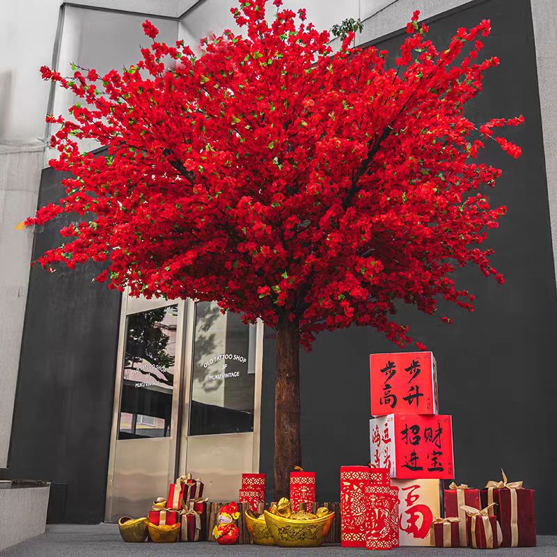 仿真桃花树红色中式国风许愿树发财红包树假树布置新年落地装饰
