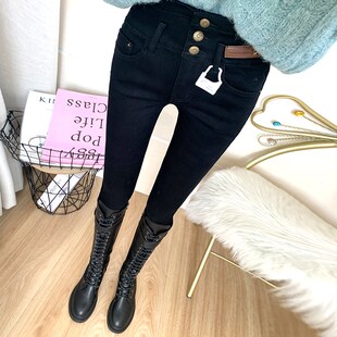 显腿长小脚裤 忒显瘦 修身 女长裤 秋冬 纯黑色高腰三排扣收腹牛仔裤