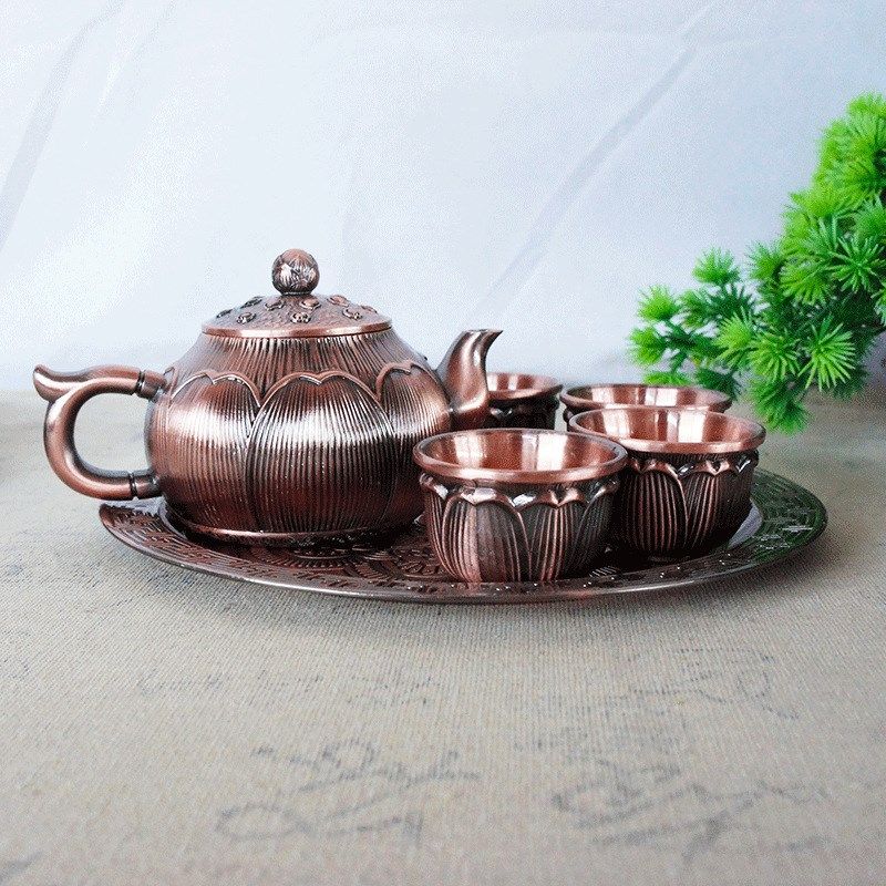 莲花茶具青古红古色复古茶具摆件茶壶托盘套装金属工艺品摆件,金属材料及制品,其他金属制品,淘宝优惠券,粉丝福利购,淘宝优惠卷