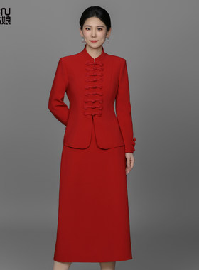 中式春秋手工盘扣修身显瘦高定时尚气质长袖立领职业西服女士套装