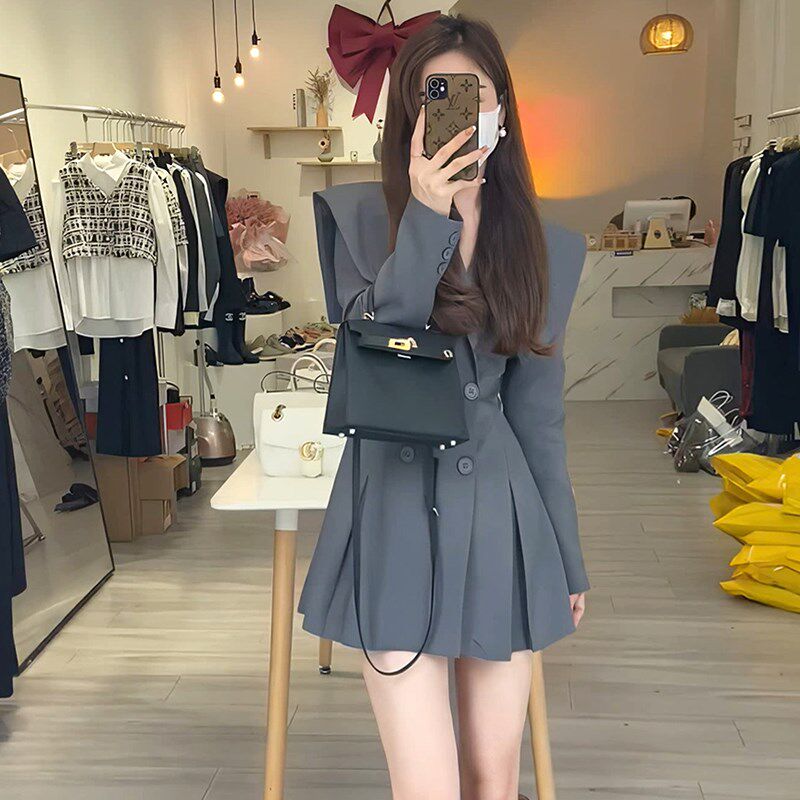 【有里布】拼接领披肩收腰女设计感显瘦小个子高级感连衣裙D0157