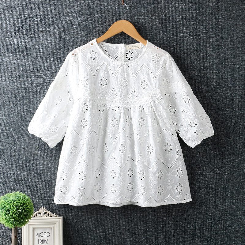 2020新款夏装甜美小清新镂空刺绣套头娃娃衫中袖棉麻上衣白色女