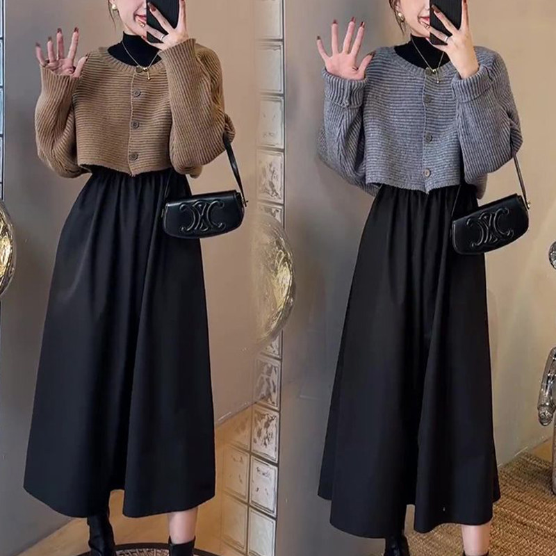 今年流行两件式套装裙2023年秋季半高领洋装短款洋派针织衫两件套