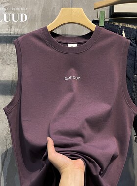 LUUD 潮流梅紫色100纯棉无袖坎肩背心男装运动百搭T恤衫百搭上衣