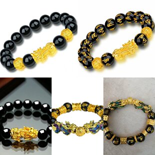 越南沙金貔貅手链男女仿3D硬金99黑曜石招财皮丘佛珠久不掉色