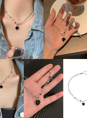 甜酷黑色锆石十字爱心项链钛钢轻