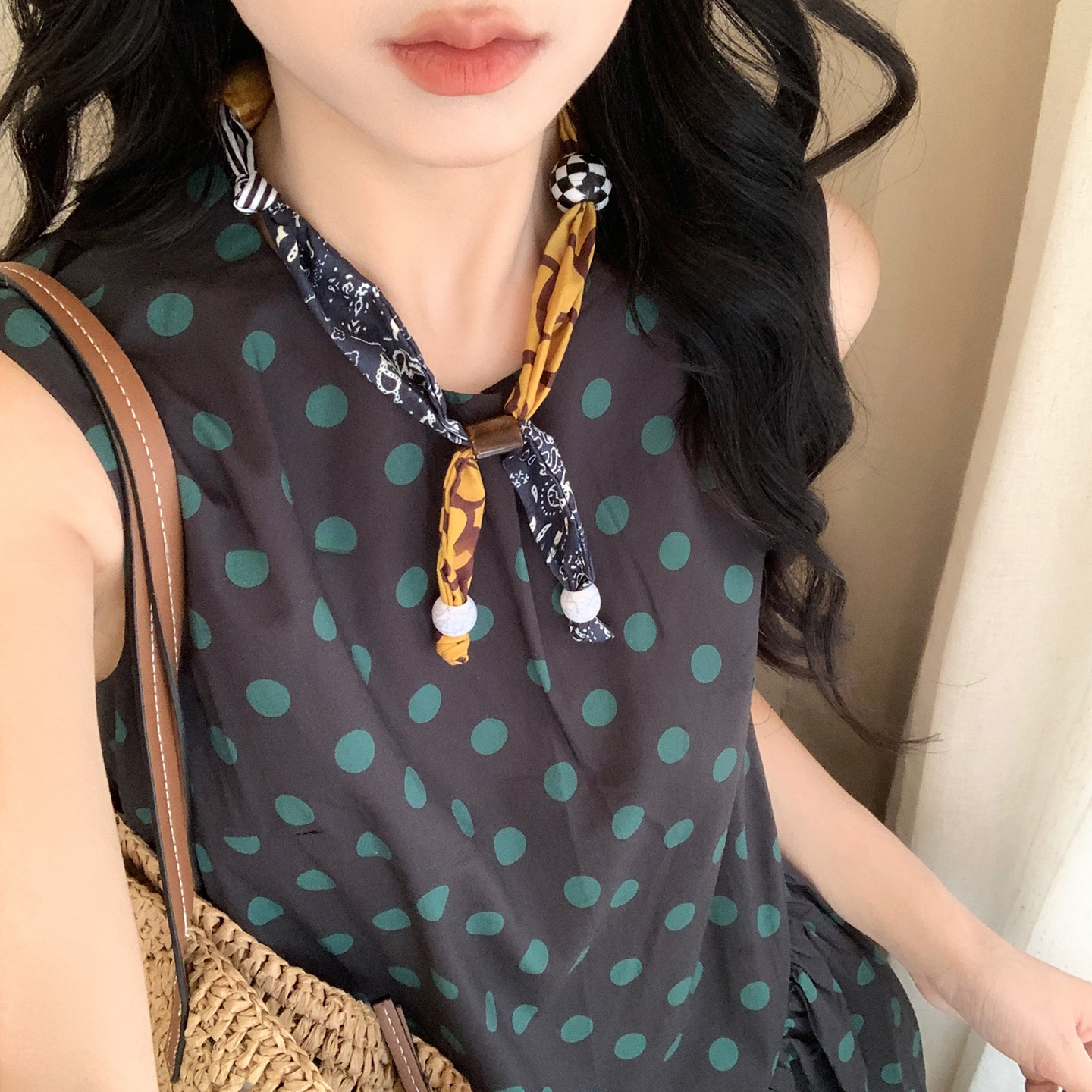 民族风布艺印花木珠项链女