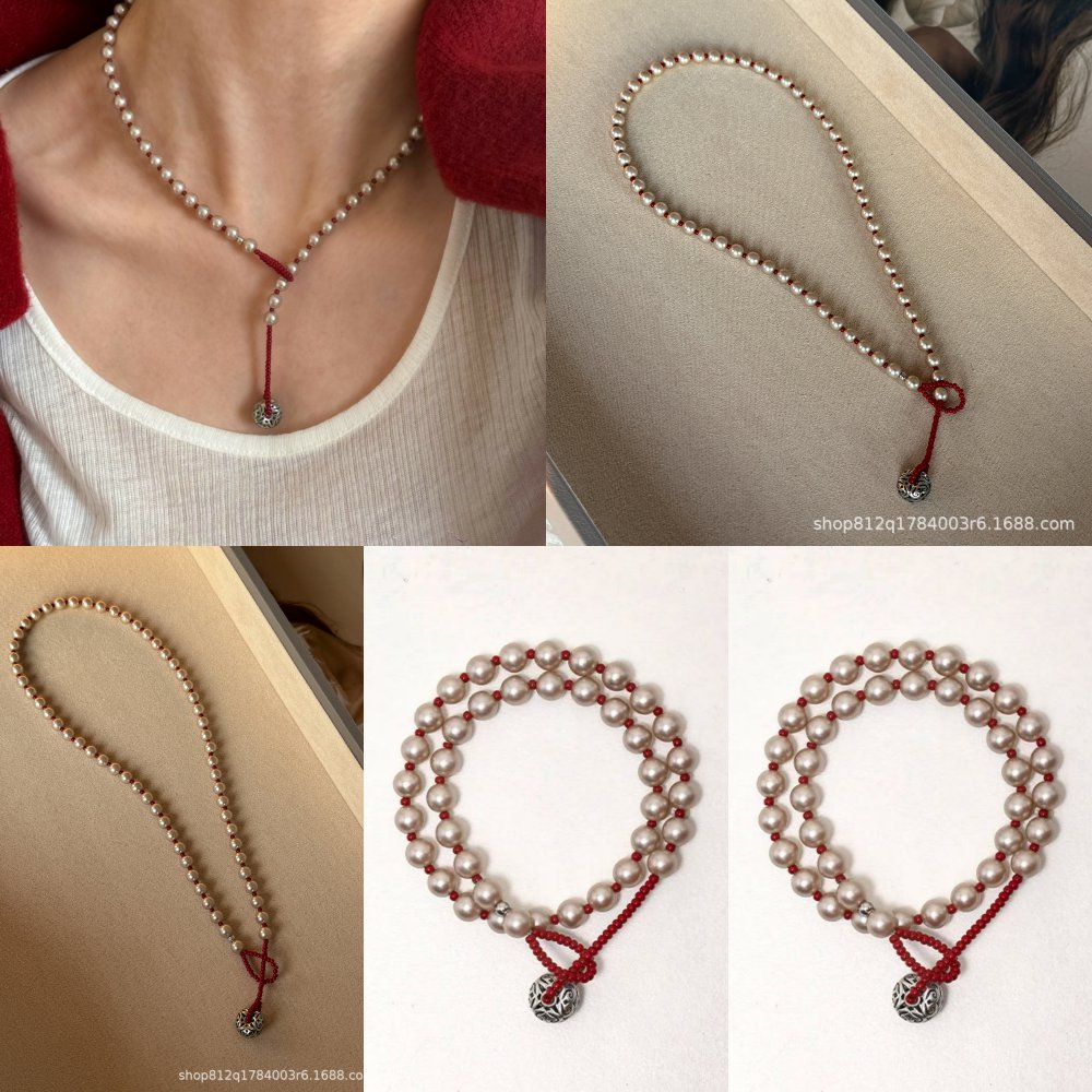 新款 新年红色香槟金细闪珍珠串珠项链百搭做旧风吊坠一款多戴式