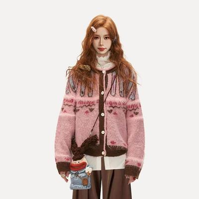 色新款费岛尔提粉花毛衣套女秋冬宽松慵懒感马海毛针dsgrdgvr织开