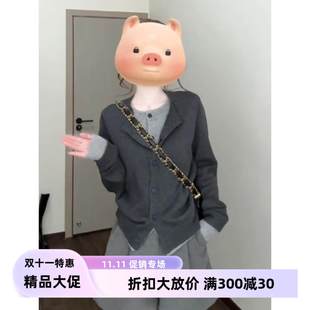 接针24029织 修2身短款 学院风灰色假两件拼毛衣外套女025早秋季 款