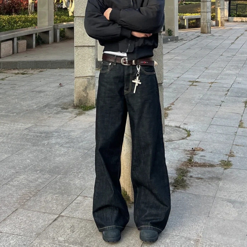 美式复古原牛弯刀阔腿牛仔裤男