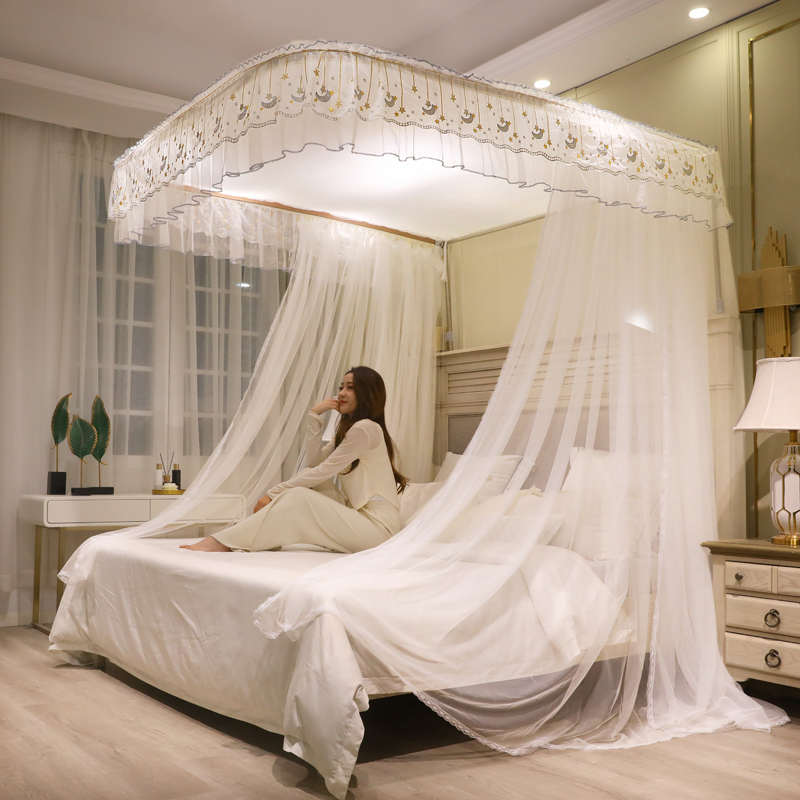 遮光防尘顶U型导轨蚊q帐三开门公主风刺绣落地式高度升降轨道支架