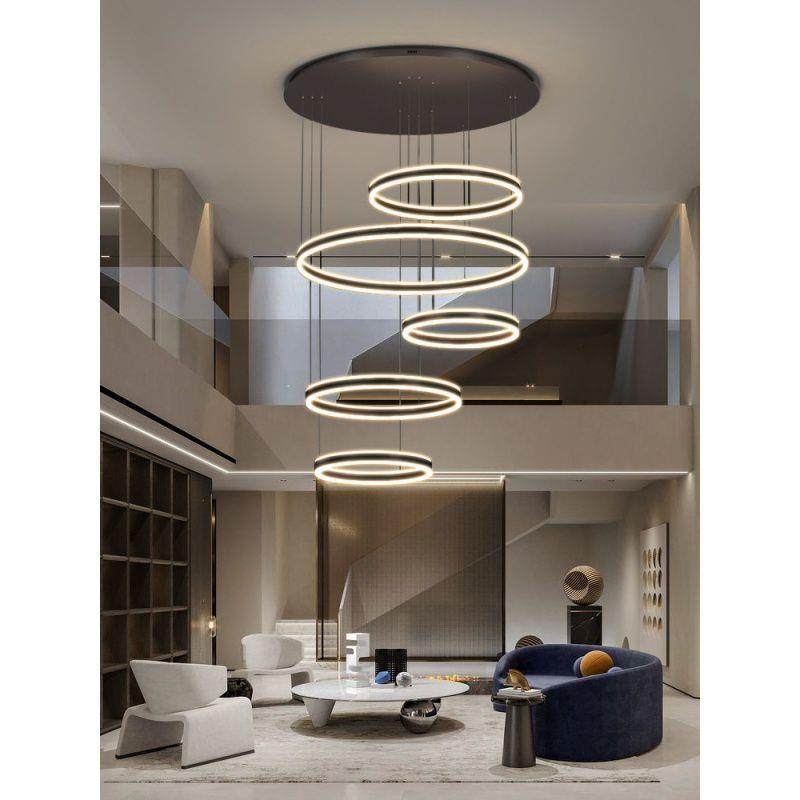 楼梯吊灯复式楼别墅大客厅现代简约大气loft圆环大厅灯具led轻奢