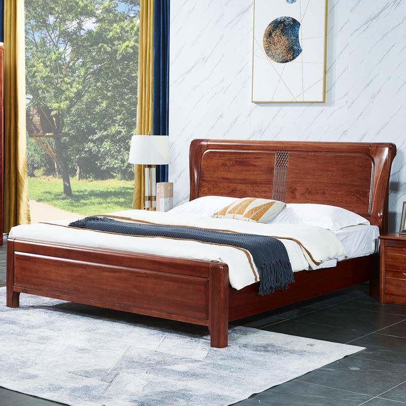 中式金丝檀胡桃木全实木床1.8米双人新婚床雕花气压高箱抽屉床1.5