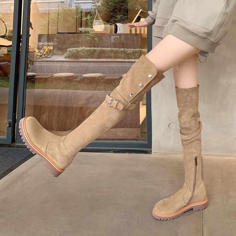 显瘦两穿过膝长靴女平底加绒长筒靴羊羔绒毛毛大码骑士靴41到43,女鞋,骑士靴,淘宝优惠券,粉丝福利购,淘宝优惠卷