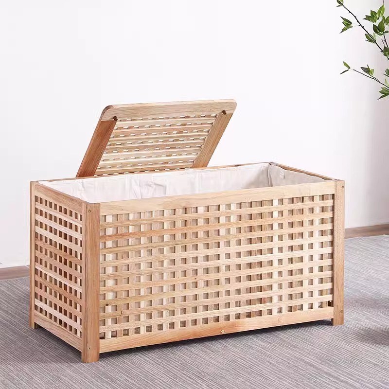 热销大号实木长桌有盖储物箱整理可坐收纳箱网格箱凳Y洗衣筐茶几