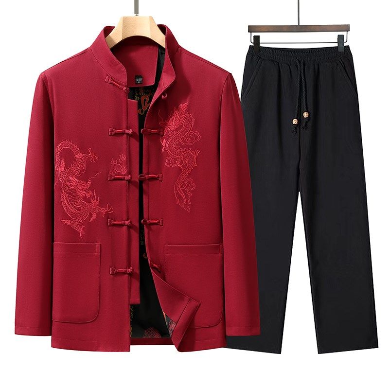 唐装男中老年人爸爸春秋外套爷爷夹克老人衣服中国风刺绣男装套装