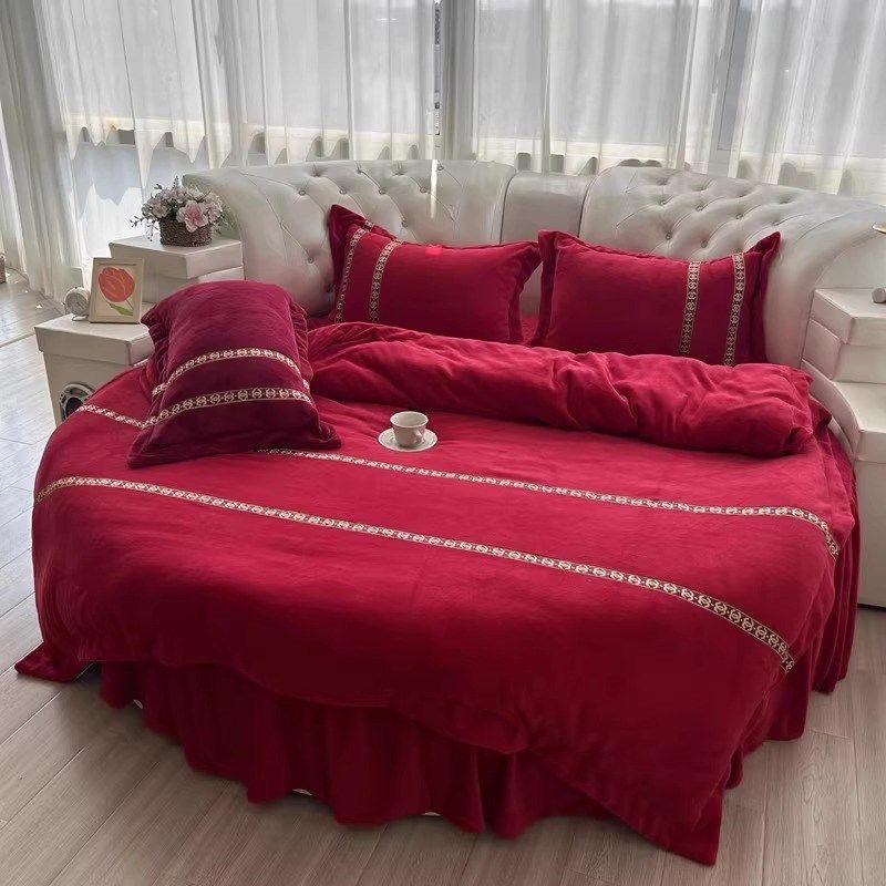 婚庆牛奶绒圆床四件套大红色被套结婚婚嫁圆形床笠床裙款床上用品,床上用品,婚庆床品套件,淘宝优惠券,粉丝福利购,淘宝优惠卷