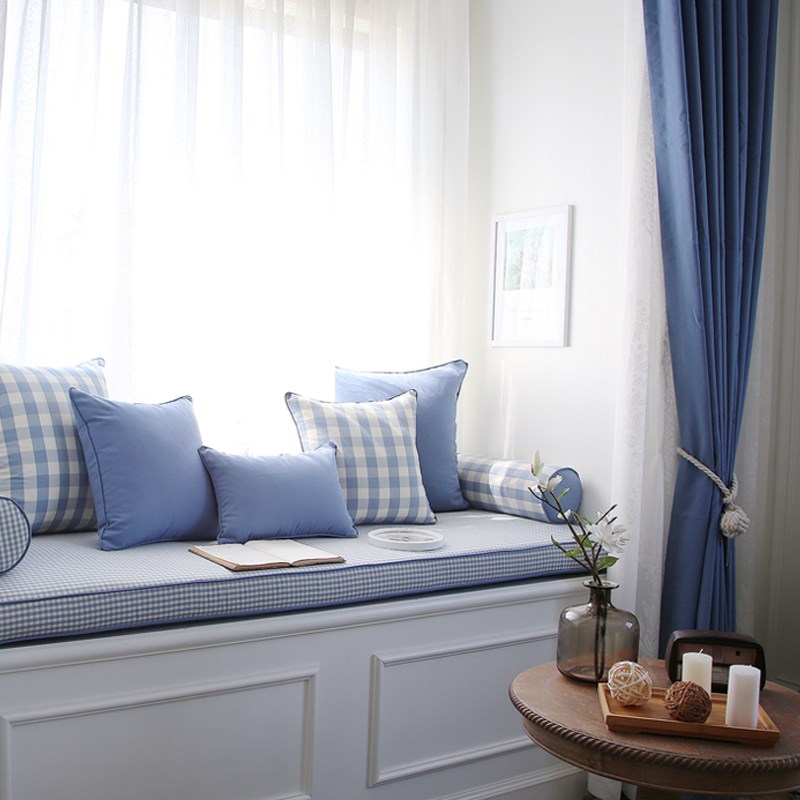 湖蓝格子飘窗垫榻榻米垫卧室窗台垫现代简约风格W海绵垫阳台垫