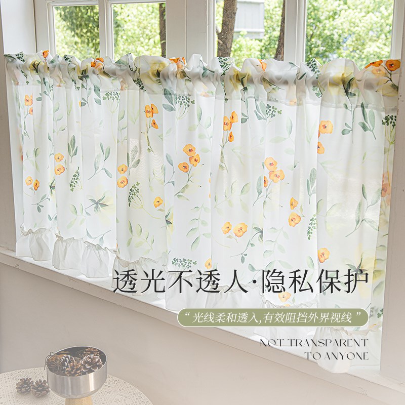 法式复古窗帘纱帘田园风小碎花门帘半帘短帘免打孔不Y透人卧室客
