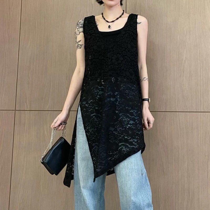 欧货不规则蕾丝背心连衣裙女2024新款打底衫镂空开叉无袖中长裙图片