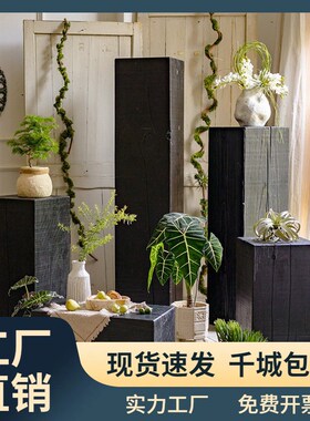 侘寂风碳化方形木墩子黑色立柱家具矮凳家用花架实木底座摆件边几