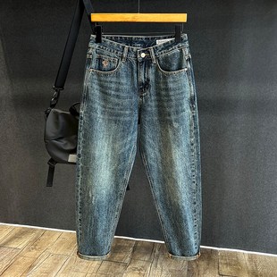 子休闲老爹裤 潮牌百搭宽松锥形萝卜哈伦裤 男士 刺绣刮烂直筒牛仔裤