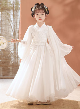 女童汉服秋季2023新款白色仙女古风超仙小女孩唐装连衣裙古装汉服