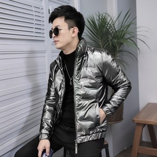 新款小伙银色亮面轻薄短款羽绒服韩版轻便帅气男士羽绒服时尚外套
