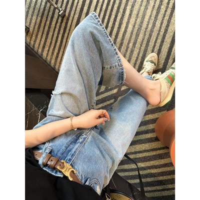 被追问N次~!小个子七分破洞牛仔裤子女2025新款夏季宽松阔腿中裤