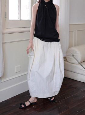 白色高腰收腰花苞半身裙女大码胖mm宽松遮胯显瘦慵懒风松紧腰长裙