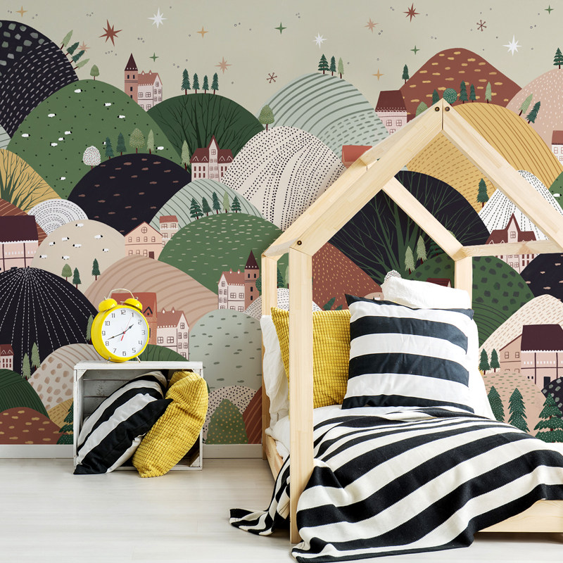 儿童房墙纸北欧定制壁画背景墙装饰卧室墙布国潮墙绘几何立体壁纸