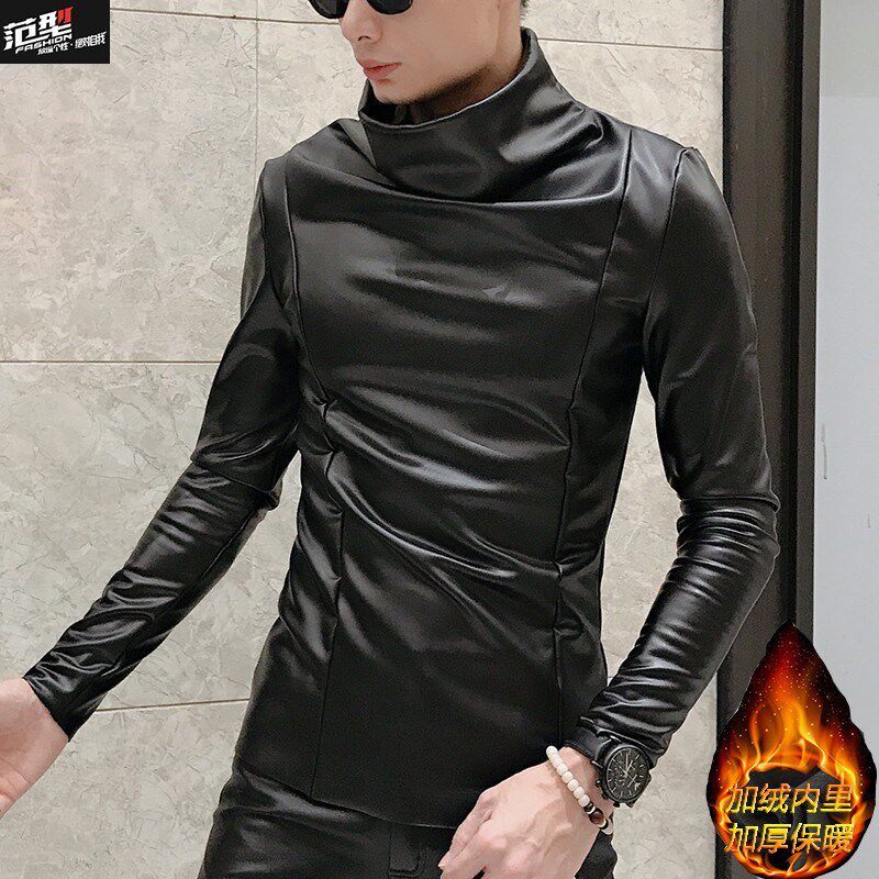 高领pu皮t恤男加绒加厚秋冬新款韩版长袖紧身潮打底衫挡防风防水