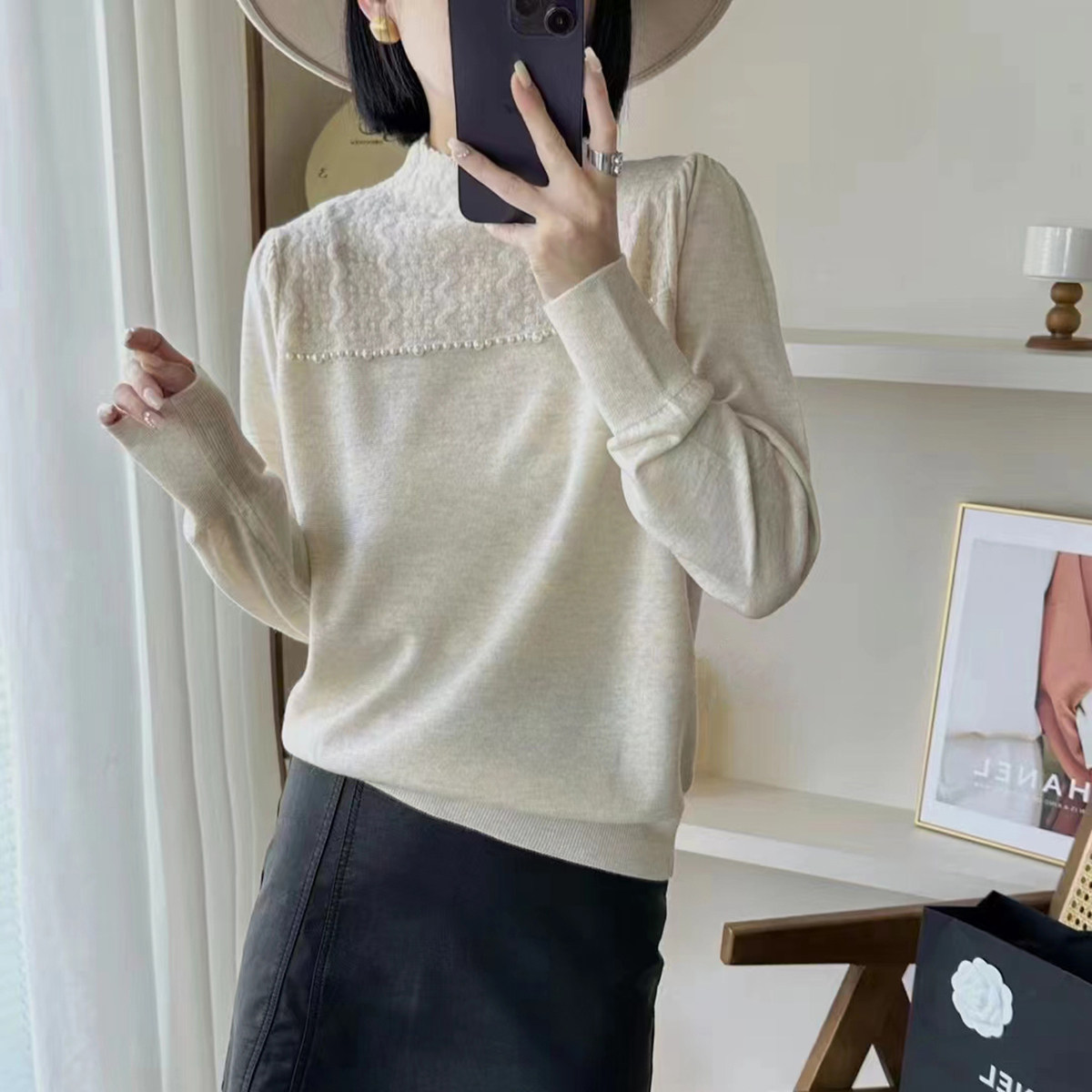 半高领蕾丝打底衫女内搭毛衣2023秋冬新款洋气减龄钉珠针织衫上衣
