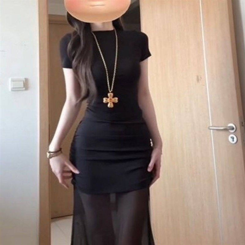 网纱拼接黑色短袖连衣裙女夏季气质修身显瘦长裙显身材包臀鱼尾裙,女装/女士精品,连衣裙,淘宝优惠券,粉丝福利购,淘宝优惠卷