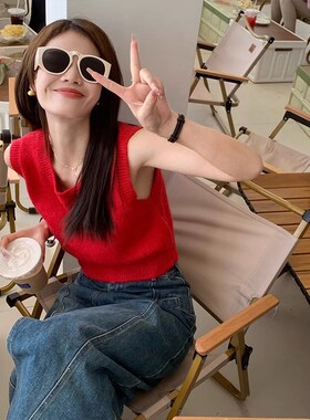 红色针织无袖吊带背心女2025夏季新款设计感修身短款辣妹外穿上衣