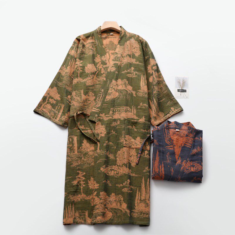 【忆江南】和风睡袍男纯棉纱七分袖汉服浴袍精梳水洗全棉汗蒸服薄