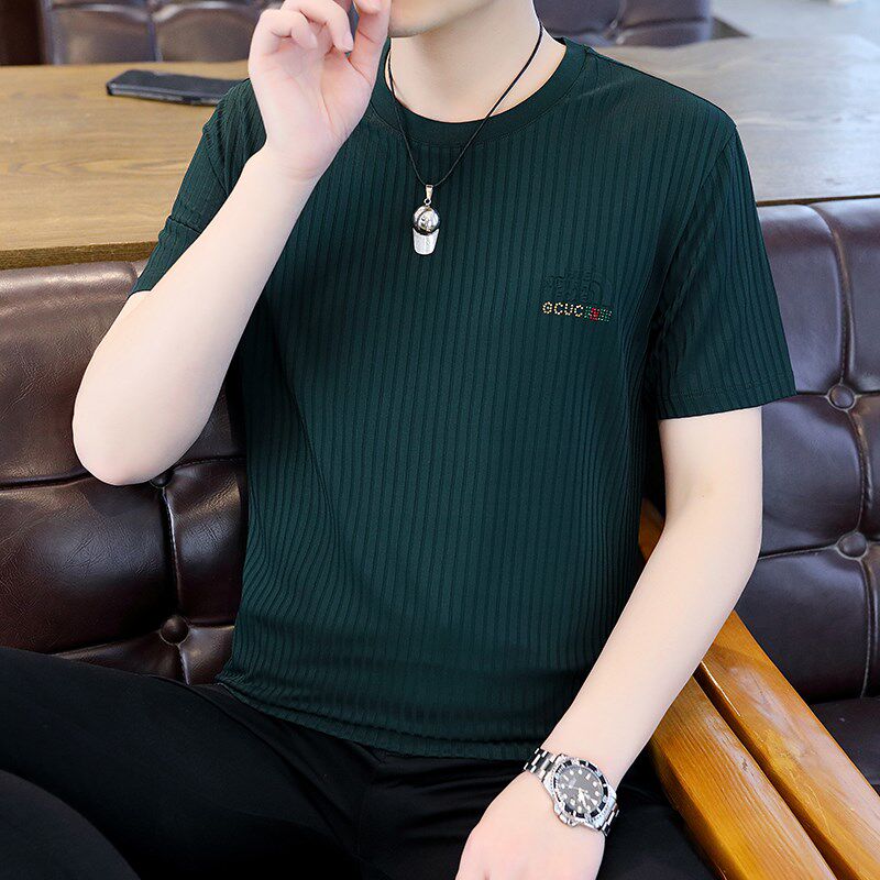 2023夏季新款冰丝短袖T恤男字母小标镶钻圆领体恤衫竖条纹上衣服