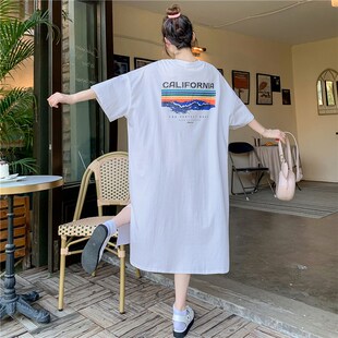 大码胖妹妹连衣裙女宽松遮肚子纯棉T恤裙女200斤超大号休闲长裙子