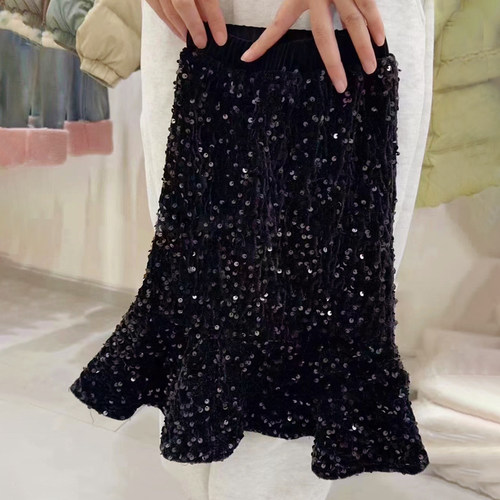 女童时尚亮片鱼尾裙2024新款韩版儿童红色针织毛衣洋气黑色半身裙